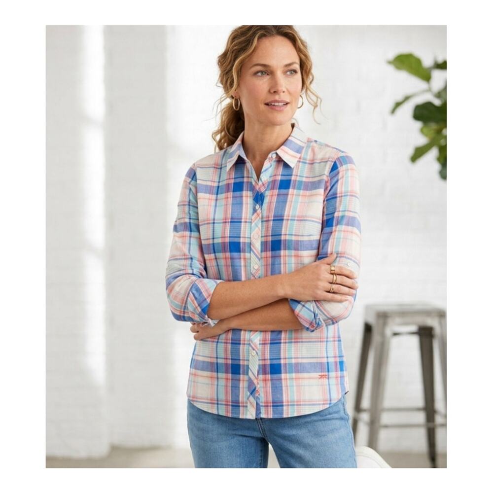TALBOTS Shirt Button Up Blouse Top Plaid Long Tab Camp Sleeves Pink Blue 16W